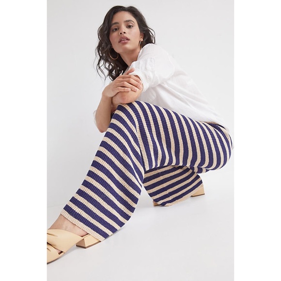 NWT ANTHROPOLOGIE FLAT WHITE STRIPED KNIT PANTS IN NAVY - Picture 10 of 10